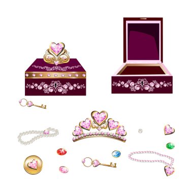 Taçlı mücevher kutusu, inciler, pembe mücevherler ve güzel bir prenses için anahtar. Prenses mücevherlerinin peri masalı çizimi.