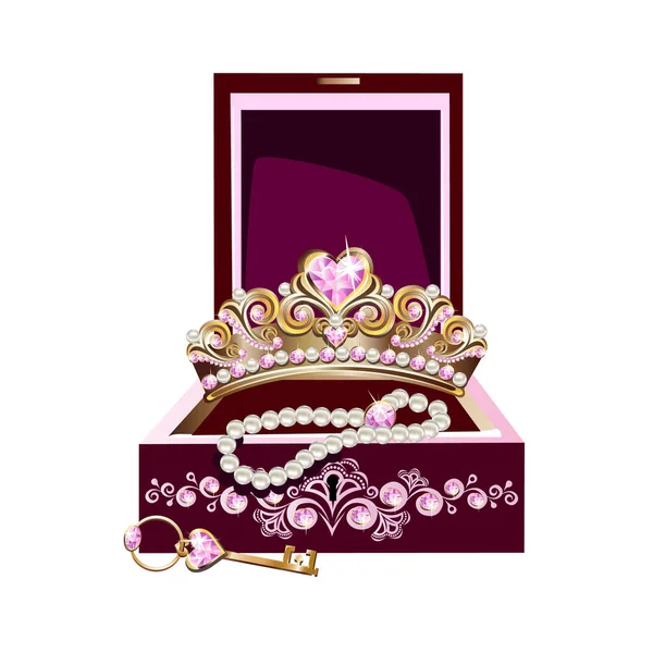 镶有皇冠 粉色宝石的珠宝盒 还有漂亮公主的钥匙 公主珠宝的童话矢量图解 — 图库矢量图片