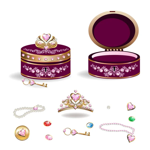 Ékszerdoboz Tiarával Gyöngyökkel Rózsaszín Drágakövekkel Kulccsal Egy Gyönyörű Hercegnőnek Tündérmese — Stock Vector