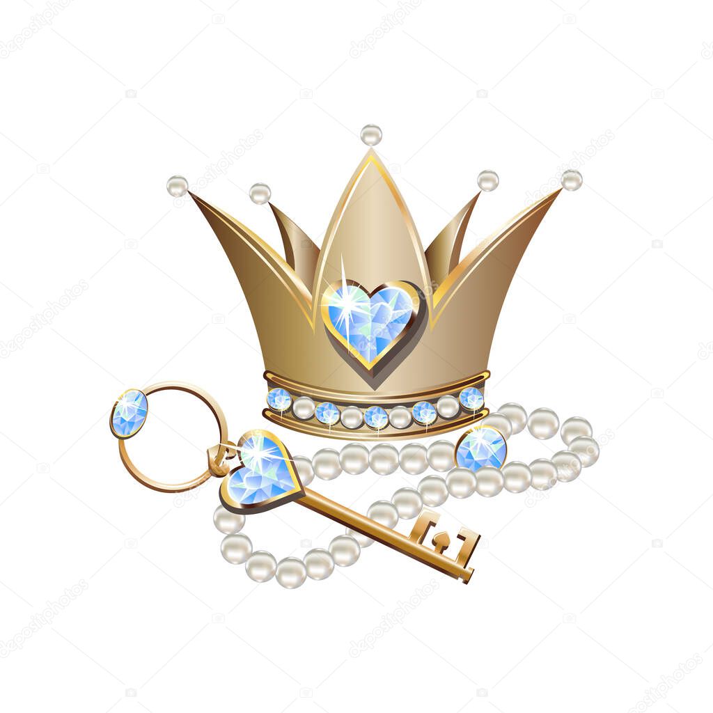 Fairy tale vector illustration of princess jewels. Crown or tiara with pearls and blue stones, pearl necklace and key.