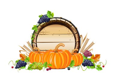 Balkabağı, üzüm ve sonbahar hasadıyla mutlu Şükran Günü gerçekçi bir hayat dilerim. Geleneksel festival. Poster, kart, davet ve menüler için vektör şablonu.