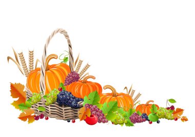 Balkabağı, üzüm ve sonbahar hasadıyla mutlu Şükran Günü gerçekçi bir hayat dilerim. Geleneksel festival. Poster, kart, davet ve menüler için vektör şablonu.