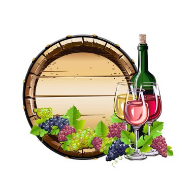 Şarap ve üzüm gerçekçi bir vektör. Poster, davetiye, menü ya da internet dekorasyonu için. Sonbahar hasadı ve lezzetli yiyecek ve içecekler..