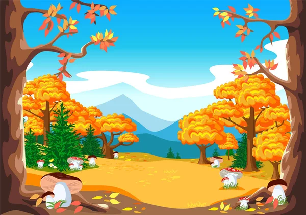 一个有草地 蘑菇和落叶的秋天森林的童话的病媒图解 秋景背景 — 图库矢量图片