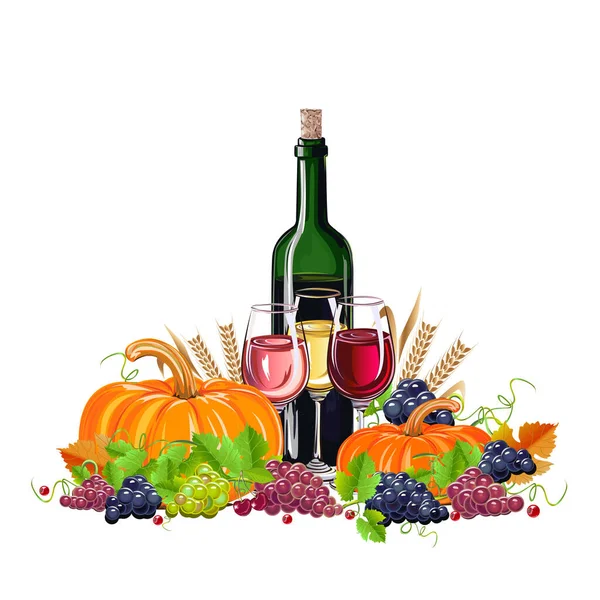 Felice Ringraziamento Realistico Nature Morte Con Zucca Uva Vendemmia Autunnale — Vettoriale Stock