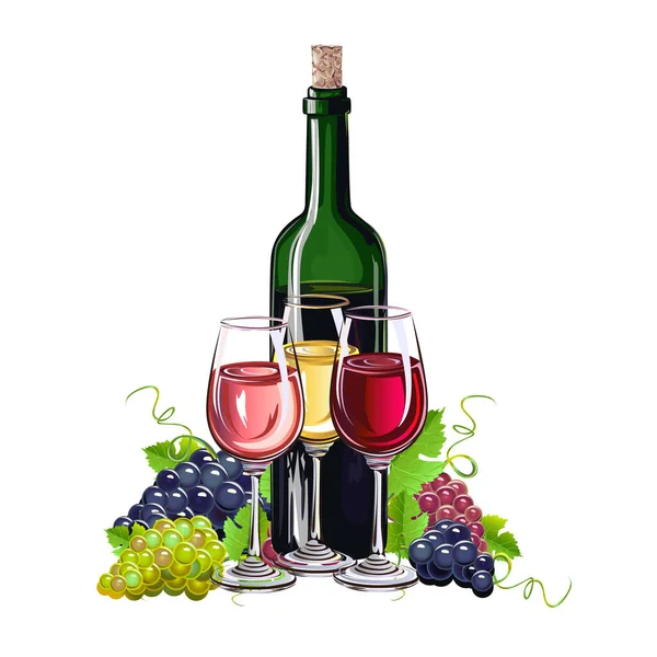 Natura Morta Vettore Realistico Vino Uva Poster Invito Menu Decorazione — Vettoriale Stock