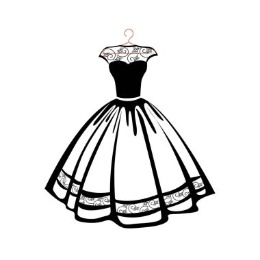 Askıdaki güzel dantel elbise. Akşam küçük siyah elbisesi. Süsleme broşürü, kartpostal veya etiket için vektör silueti