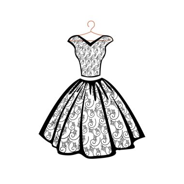 Askıdaki güzel dantel elbise. Akşam küçük siyah elbisesi. Süsleme broşürü, kartpostal veya etiket için vektör silueti