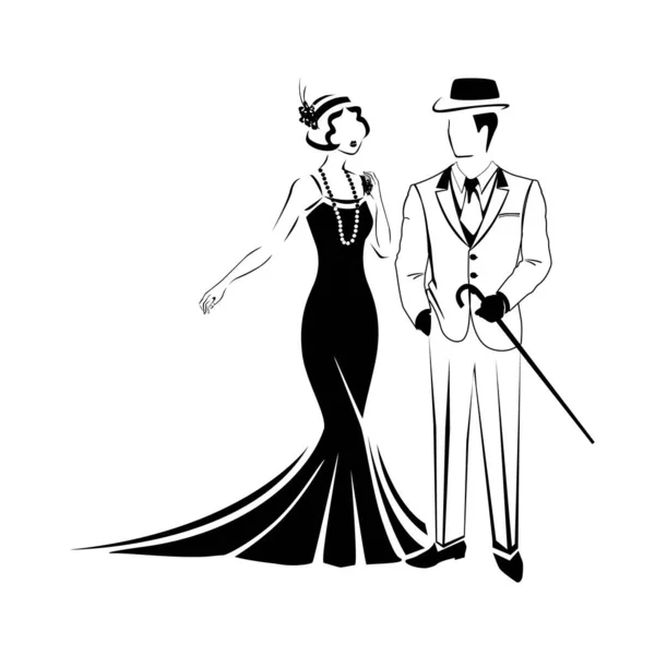 Schönes Paar Retro Abendkleidung 1920 Vektor Silhouette Eines Mannes Und — Stockvektor