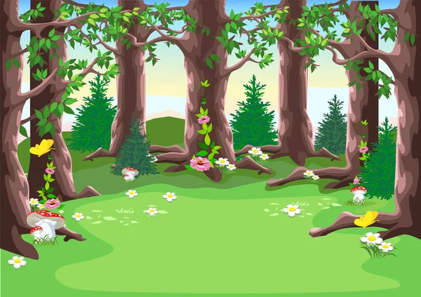 Paisaje Cuento Hadas Vectorial Claro Bosque Con Árboles Flores Florecientes — Archivo Imágenes Vectoriales