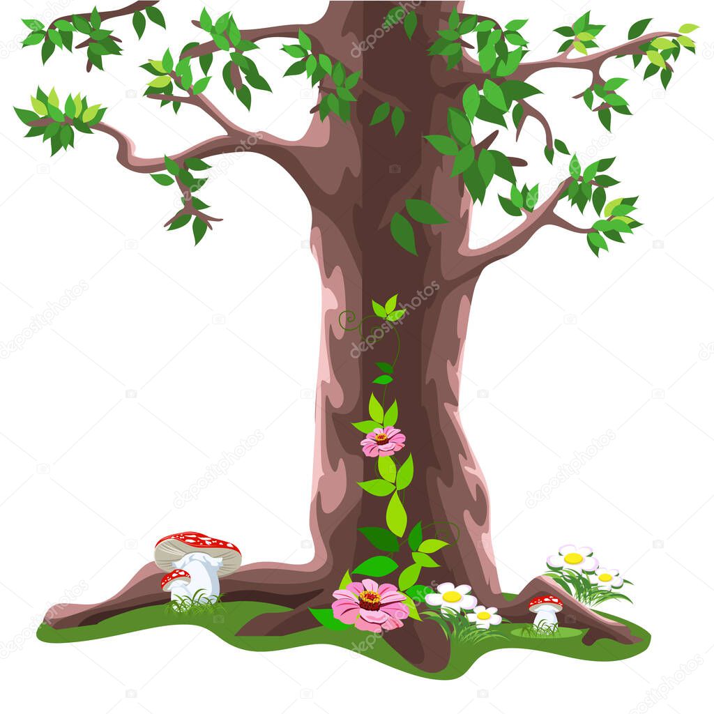 Vector fairy tale big tree in cartoon style isolated on white background. To decorate the fairy forest.