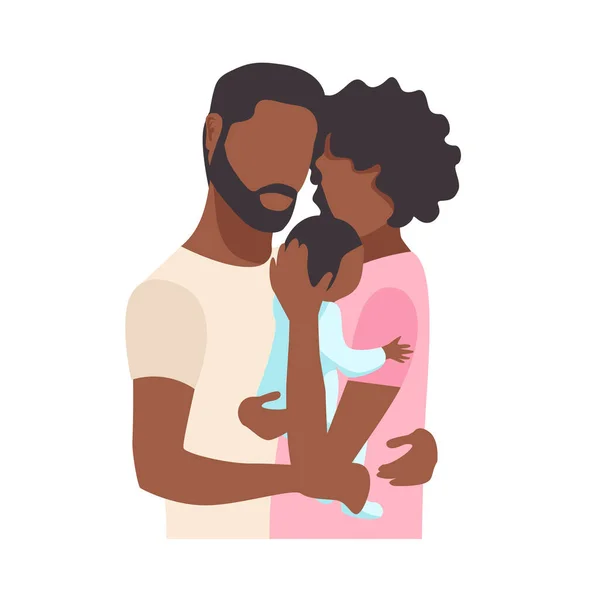 Ilustração Vetorial Casal Familiar Negro Ternamente Carinhosamente Abraçando Seu Bebê — Vetor de Stock