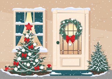 Noel kapıları ve pencereleri köknar ağacı ve Noel süslemeleriyle dolu. Noel geçmişleri. Mutlu Noeller ve mutlu yıllar. Vektör illüstrasyonu.