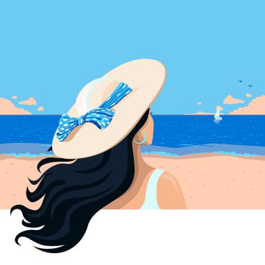 Plajda mayo ve şapkayla oturan bir kız denize bakıyor. Yaz seyahati ve dinlenme. Vektör illüstrasyonu.