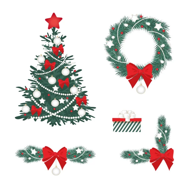 Vector Conjunto Decoraciones Navideñas Árbol Navidad Corona Borde Campanas Bolas — Vector de stock