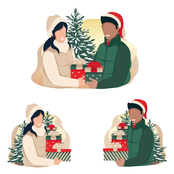 Orang Orang Dengan Hadiah Natal Dan Pakaian Musim Dingin Selamat - Stok Vektor