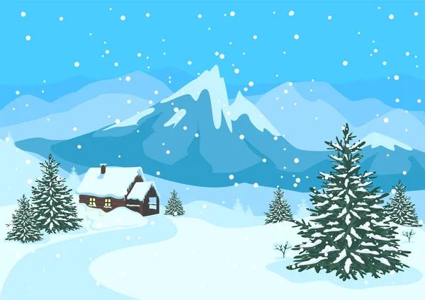 Zimowy Krajobraz Drewnianym Domem Górami Opadami Śniegu Jodłami Ilustracja Wektora — Wektor stockowy
