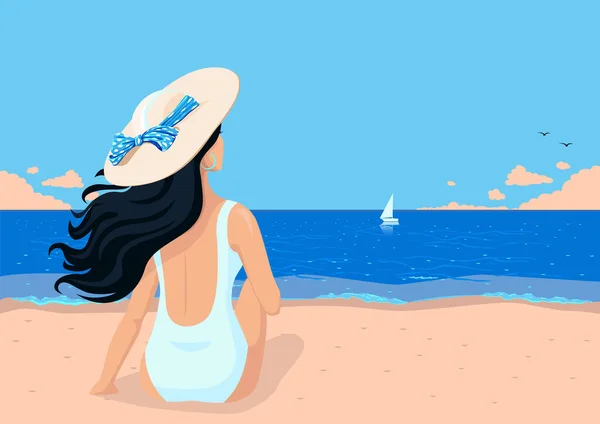Ein Mädchen Sitzt Strand Badeanzug Und Hut Und Blickt Aufs — Stockvektor