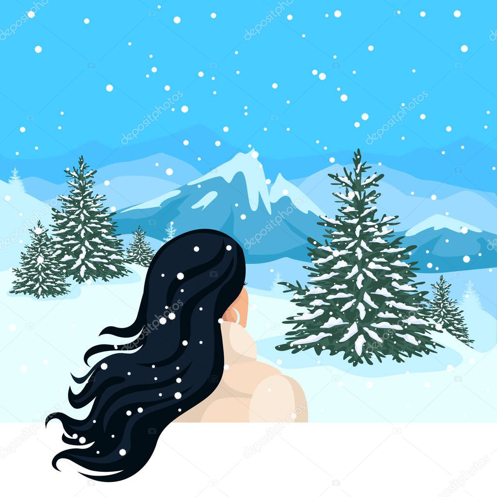 The girl looks at the winter landscape, mountains, trees and snowfall. Winter travel and rest. Vector illustration background.