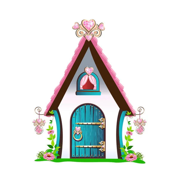 Small House Pink Roof Hearts Stands Flower Meadow Fairy Tale — Stock Vector