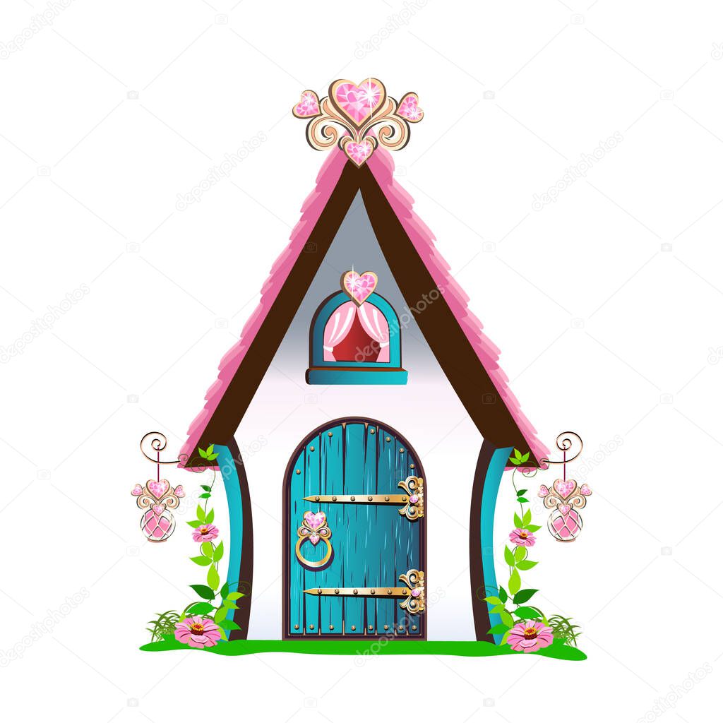 A small house with a pink roof and hearts stands in a flower meadow. Fairy tale background vector illustration in cartoon style isolated on white background.