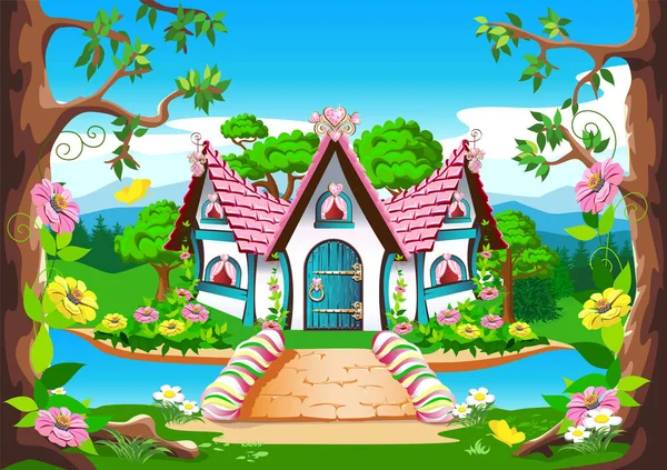 Fairy Tale House Pink Roof Hearts Made Precious Stones Backdrop — ストックベクタ