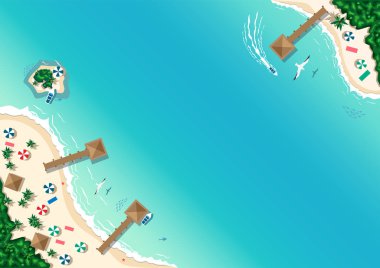 Tropik sahil ve adaların havadan görünüşü. Yaz gezisi. Çizgi film tarzında yatay vektör çizimi.