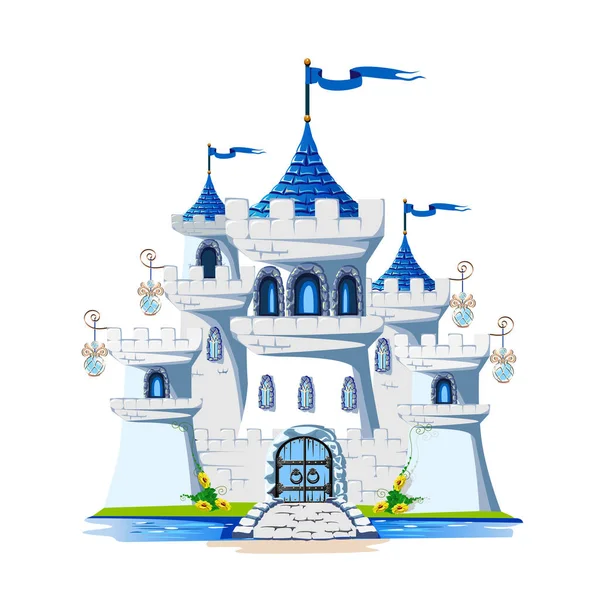 童话般的蓝色城堡为美丽的公主和王子与塔和大门 白色背景下孤立的魔法城堡的矢量图解 — 图库矢量图片