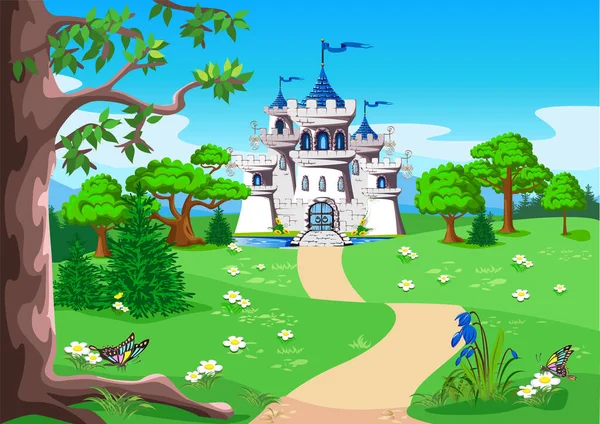 Paisaje Cuento Hadas Con Camino Que Conduce Castillo Para Hermosa — Vector de stock