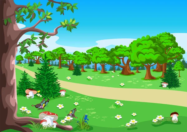 花やキノコの牧草地 山や漫画のスタイルで青空とおとぎ話の背景 ベクターイラスト — ストックベクタ
