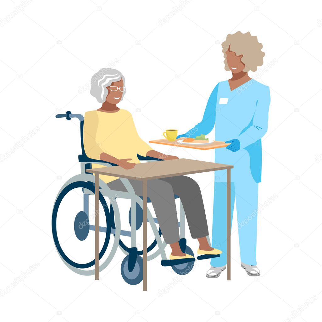 Nurse caring for the elderly. Medicine. Thanks to the nurses. Vector illustration template in flat style.