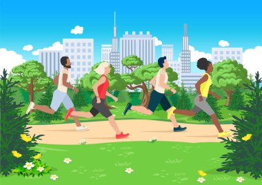 Farklı milletlerden erkekler ve kadınlar şehir parkında birlikte koşuyorlar. Sports People vektör illüstrasyonu düz stilde.