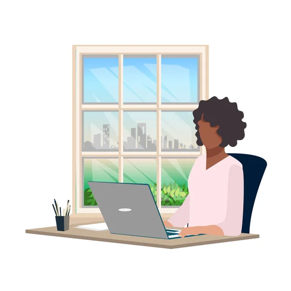 Black Girl Works Laptop Window Vector Illustration Flat Style — Stockový vektor