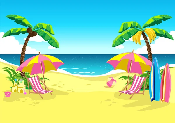 Plage Tropicale Avec Palmiers Parasols Chaises Longues Style Dessin Animé — Image vectorielle