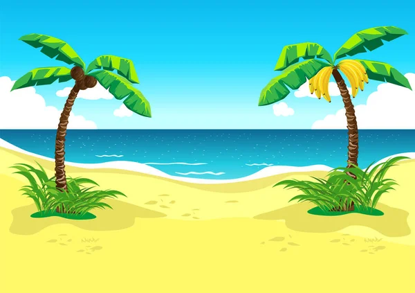 Plage Tropicale Avec Palmiers Sur Fond Paysage Magnifique Dans Style — Image vectorielle