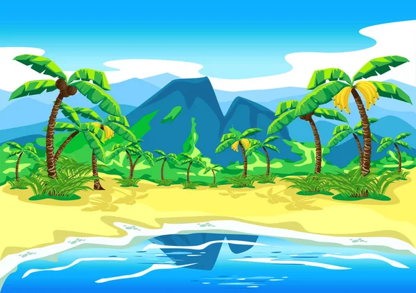 漫画風の美しい風景を背景にヤシの木と熱帯のビーチ 夏の風景ベクトル水平イラスト — ストックベクタ