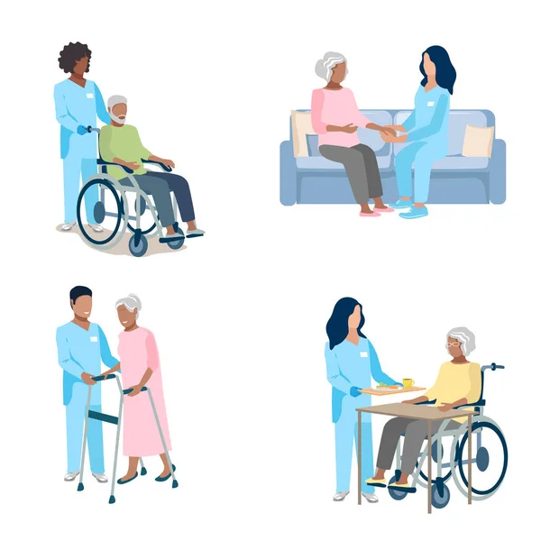 Enfermeras Cuidando Del Anciano Conjunto Ilustraciones Vectoriales Aisladas Sobre Fondo — Archivo Imágenes Vectoriales