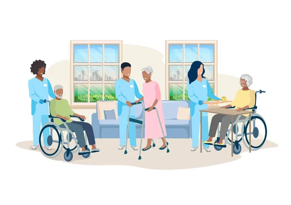 Nurses Take Care Elderly Nursing Home Thanks Nurses Vector Illustration — Wektor stockowy