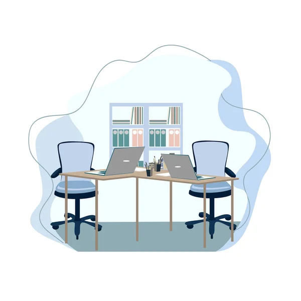 Vector illustration of a business office on a table, armchair, laptop and a shelf for documents in a flat style.