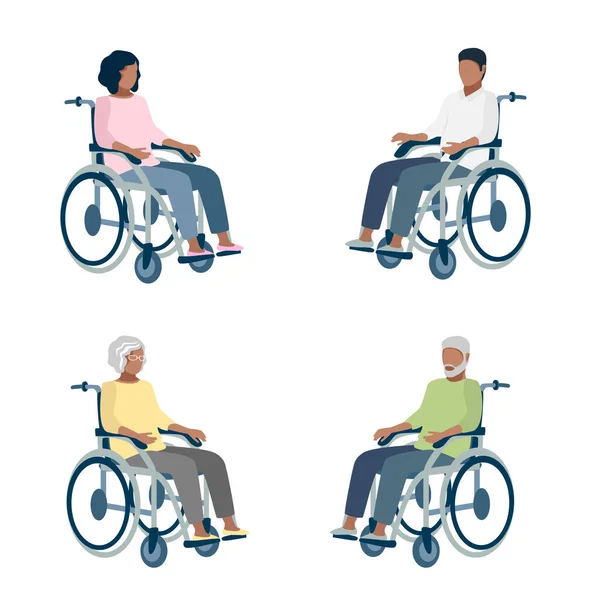 휠체어에 있습니다 휠체어에 남녀들을 삽화들 — 스톡 벡터