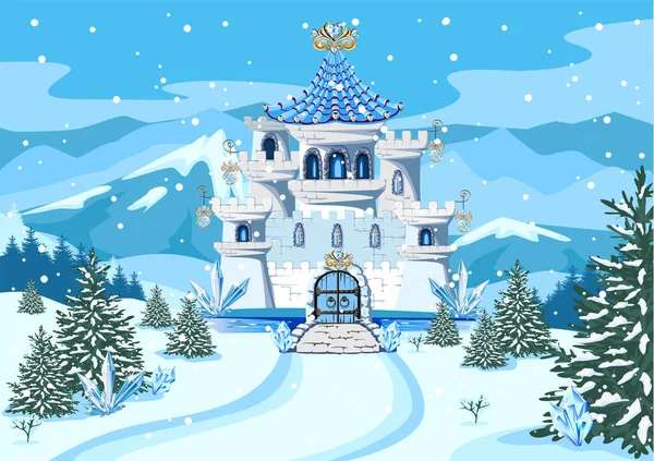 童话般的蓝色城堡为美丽的公主和王子与塔和蓝色水晶 冬季背景上带着高山和降雪的魔法城堡的矢量图解 — 图库矢量图片