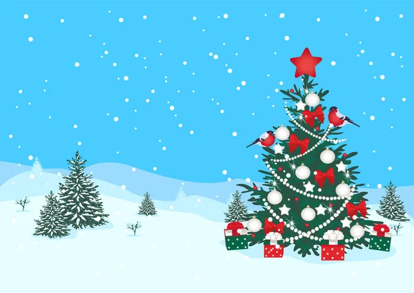 Feliz Navidad Árbol Navidad Está Decorado Con Bolas Guirnaldas Presenta — Vector de stock