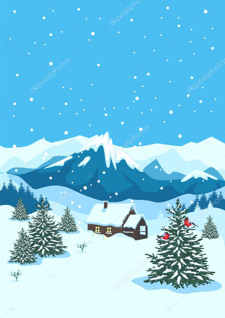 Winter landscape with a wooden house, mountains, snowfall and firs. Vector vertical illustration winter in the mountains.