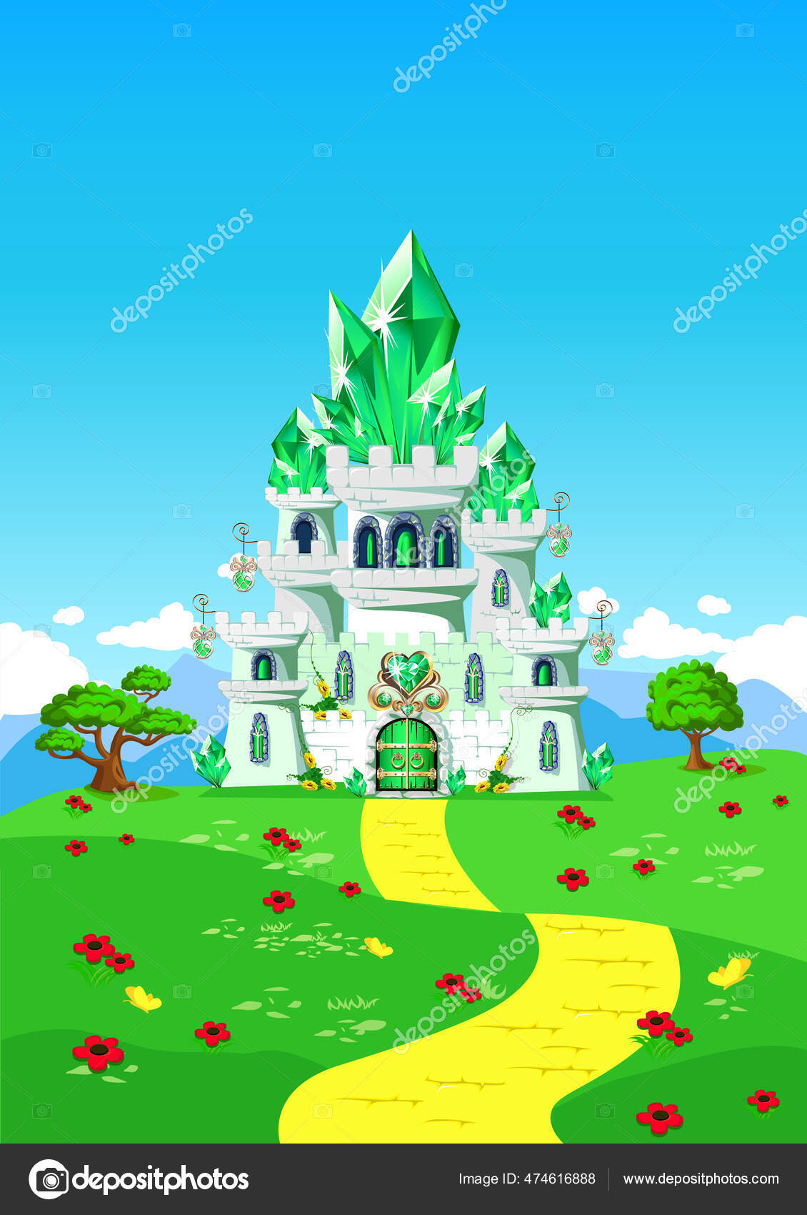 Emerald City Yellow Brick Road Fairy Tale Background Vector Vertical ...