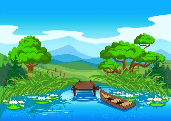 Beautiful rural landscape with a river in the reeds, trees, water lilies and a boat. The old boat is tied to the pier. Background vector illustration.