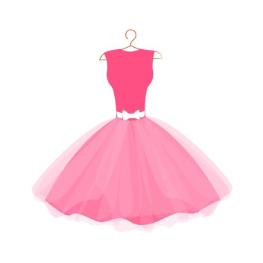 Askıda güzel pembe bir elbise. Gece kıyafeti. Broşürler, kartpostallar veya etiketler için vektör kıyafet silueti