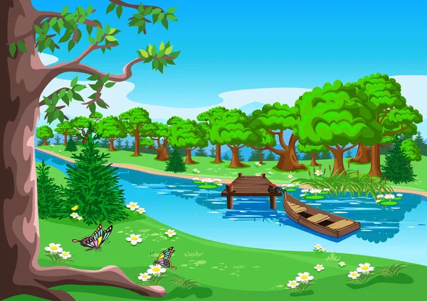 Sazlıklarda bir nehir, ağaçlar, nilüferler ve bir tekne olan güzel kırsal alan. Eski tekne rıhtıma bağlı. Arkaplan vektör illüstrasyonu.