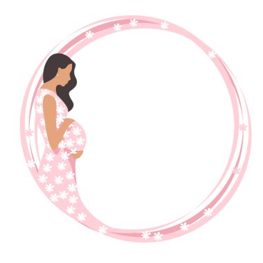 Pembe elbiseli, beyaz çiçekli güzel hamile kadın. Anneliğin mutluluğu, beyaz arka planda izole edilmiş vektör çizimi..