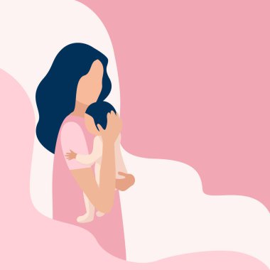 Doğum yaptıktan sonra kollarında bebek olan mutlu bir anne. Anneliğin keyfi. Çocukları sevmek ve onlarla ilgilenmek. Anneler Günü, soyut minimalist bir arkaplanda vektör çizimi.