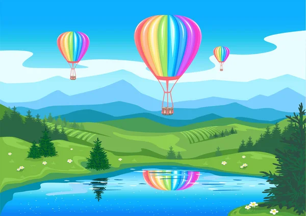 湖のある美しい風景を背景に 山々の上を空飛ぶ 虹色の熱気球 明るいエンターテイメントと旅行 風船祭りだ ベクトル — ストックベクタ